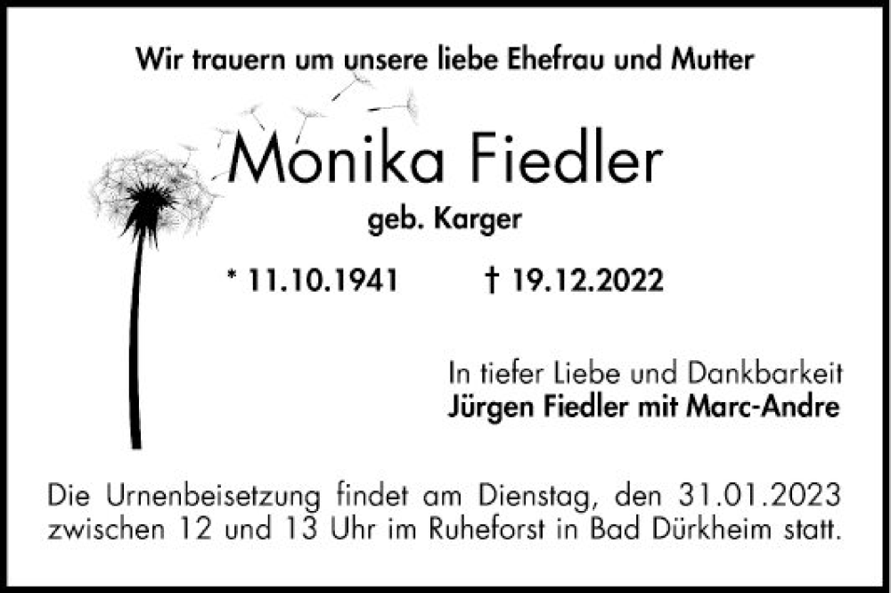  Traueranzeige für Monika Fiedler vom 28.01.2023 aus Mannheimer Morgen
