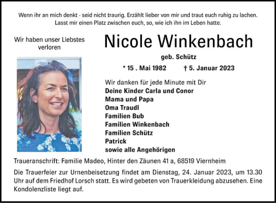 Traueranzeige von Nicole Winkenbach von Bergsträßer Anzeiger