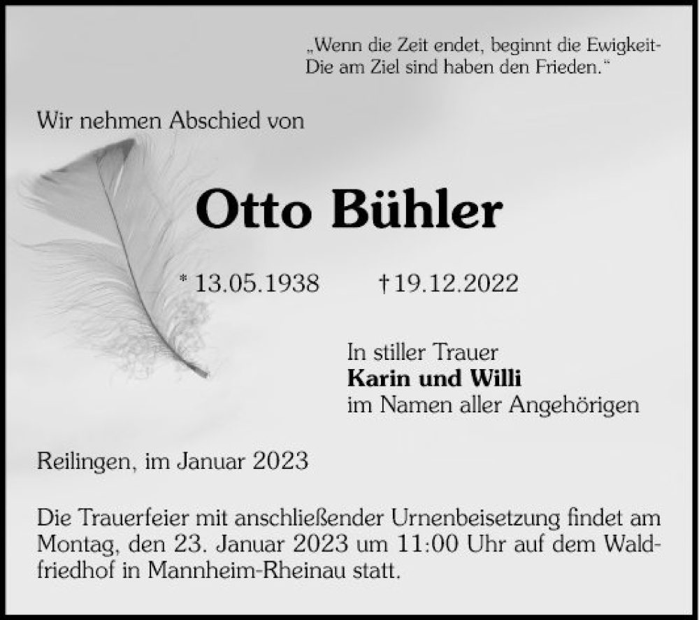  Traueranzeige für Otto Bühler vom 19.01.2023 aus Schwetzinger Zeitung
