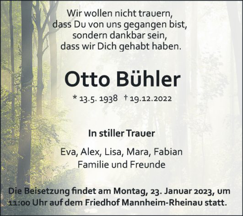  Traueranzeige für Otto Bühler vom 21.01.2023 aus Mannheimer Morgen
