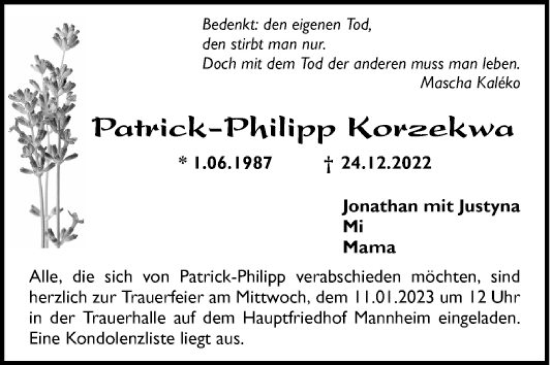 Traueranzeige von Patrick-Philipp Korzekwa von Mannheimer Morgen