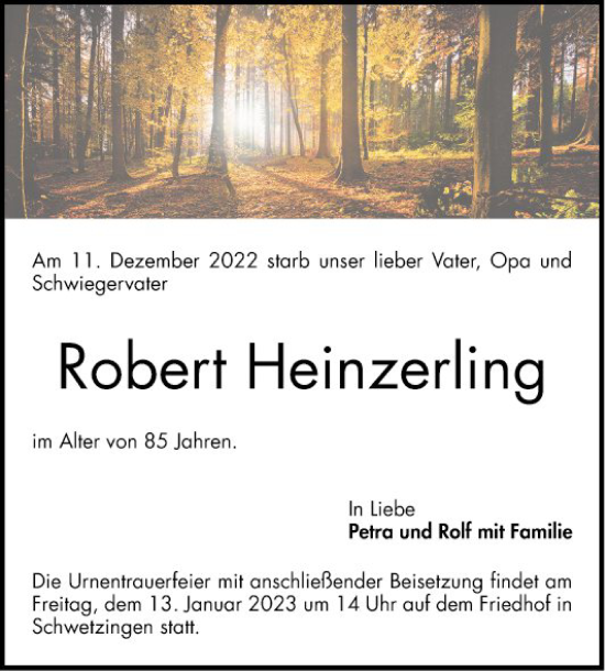 Traueranzeige von Robert Heinzerling von Schwetzinger Zeitung