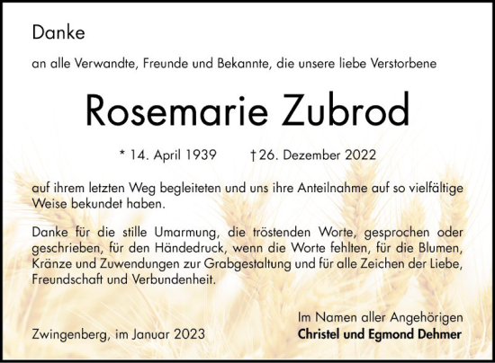 Traueranzeige von Rosemarie Zubrod von Bergsträßer Anzeiger