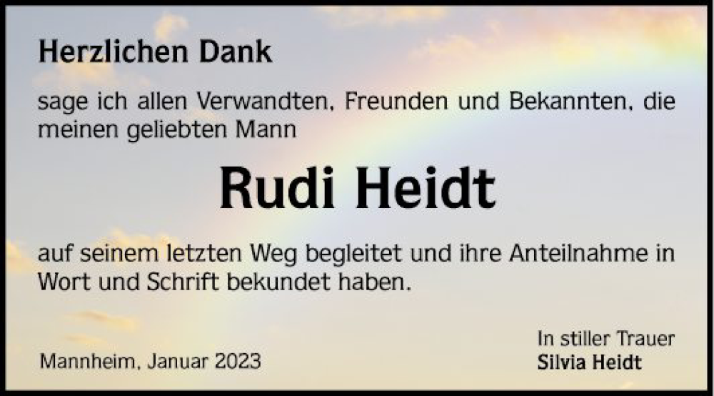  Traueranzeige für Rudi Heidt vom 21.01.2023 aus Mannheimer Morgen