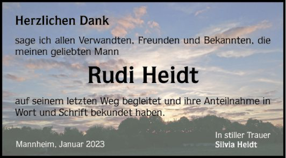  Traueranzeige für Rudi Heidt vom 14.01.2023 aus Mannheimer Morgen