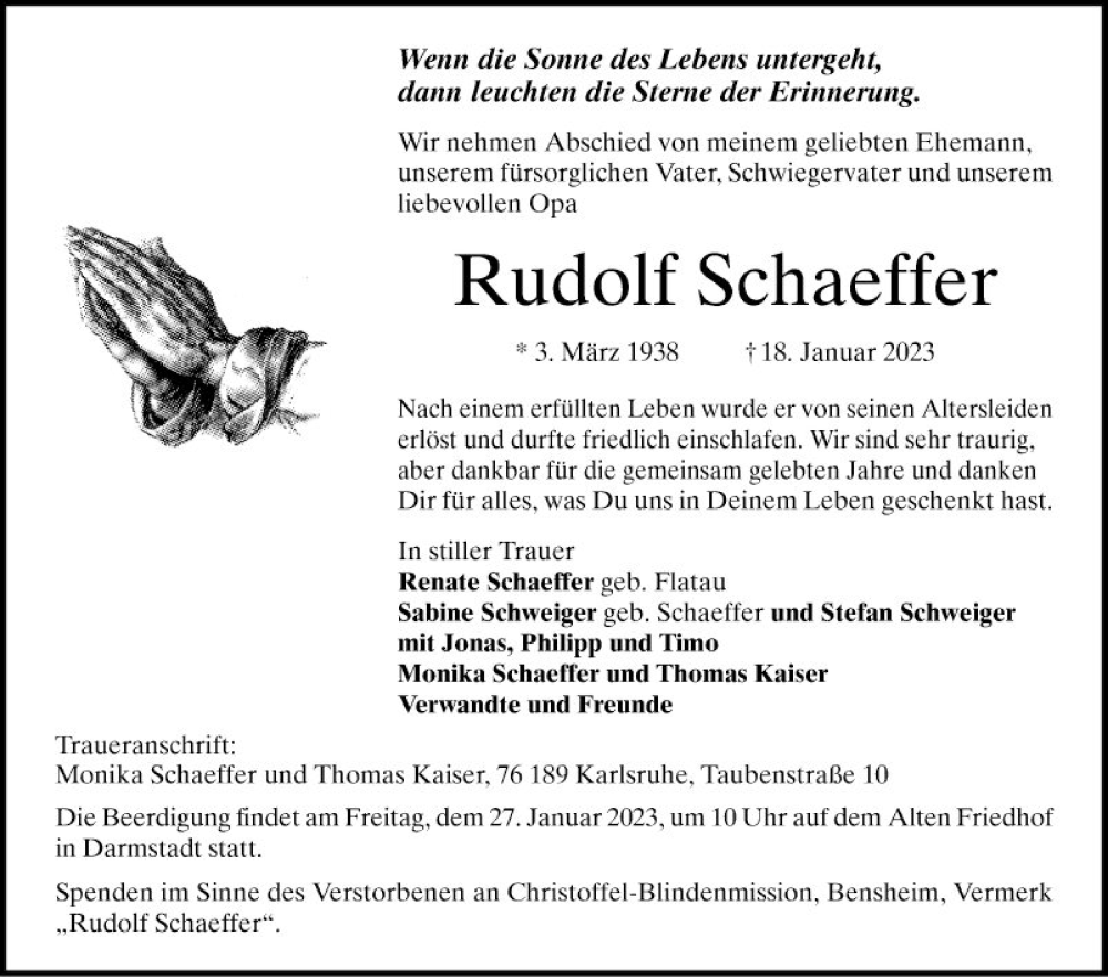  Traueranzeige für Rudolf Schaeffer vom 24.01.2023 aus Bergsträßer Anzeiger
