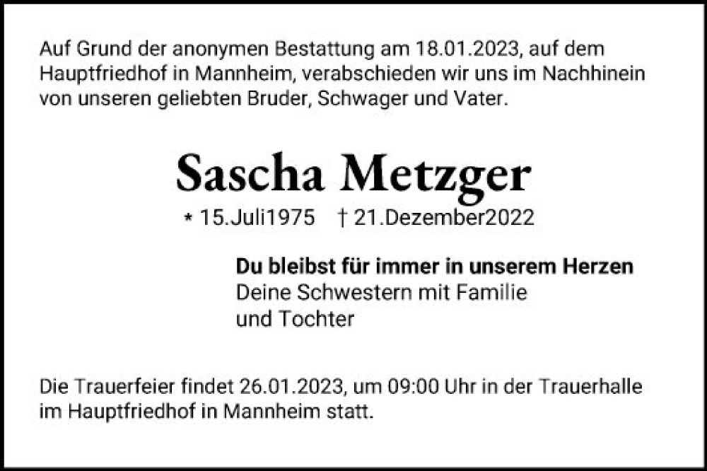  Traueranzeige für Sascha Metzger vom 24.01.2023 aus Mannheimer Morgen