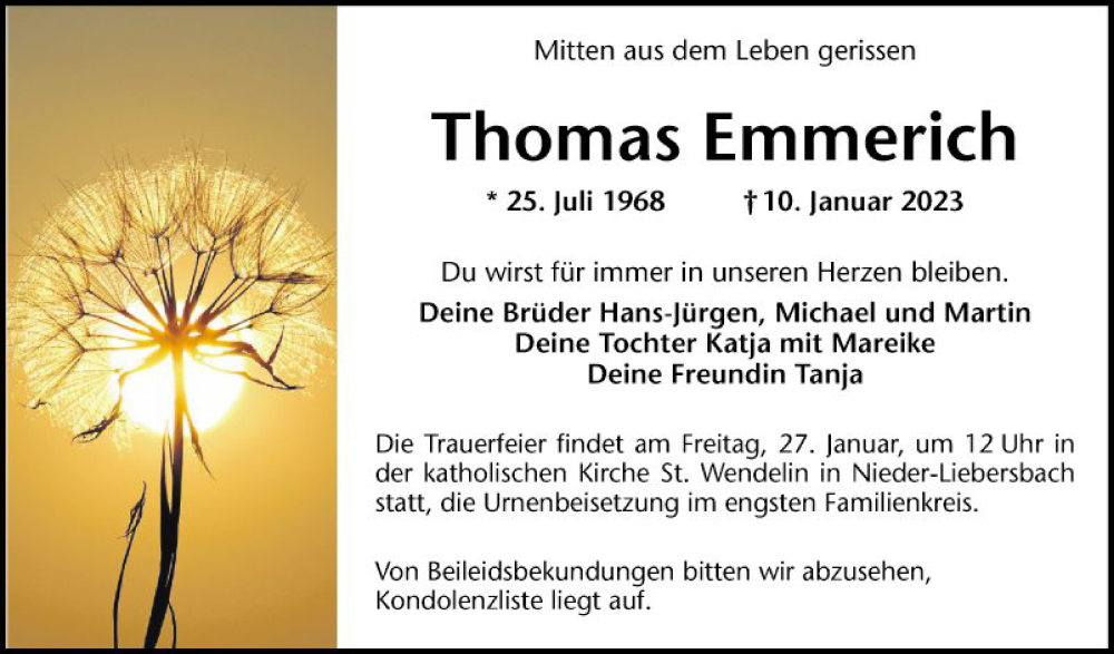  Traueranzeige für Thomas Emmerich vom 25.01.2023 aus Mannheimer Morgen