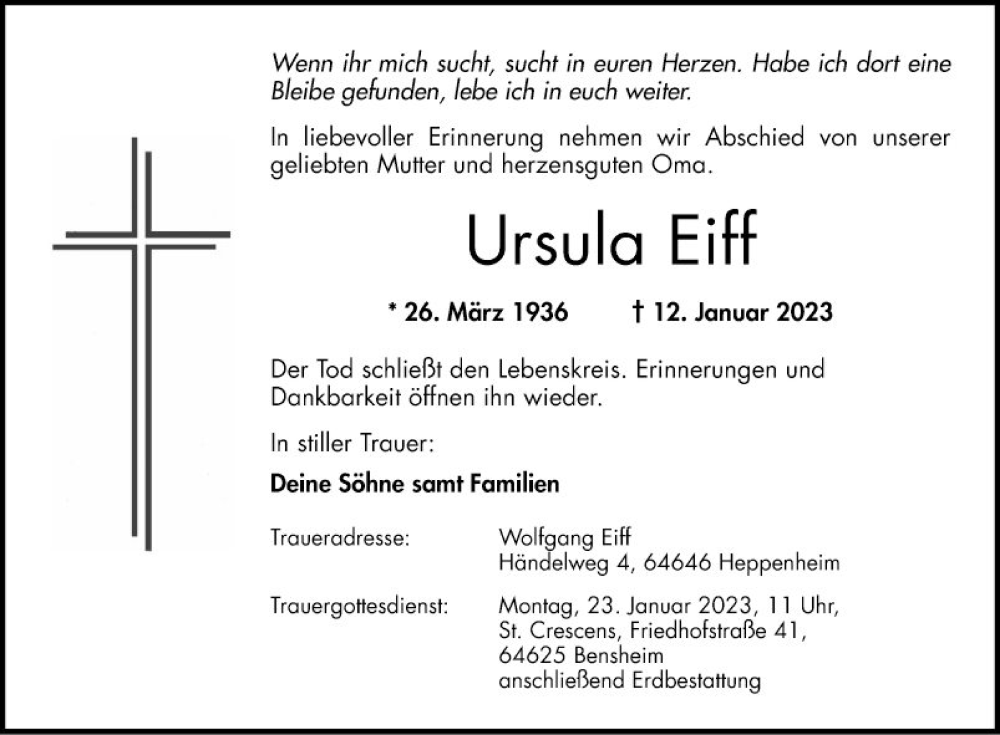  Traueranzeige für Ursula Eiff vom 20.01.2023 aus Bergsträßer Anzeiger