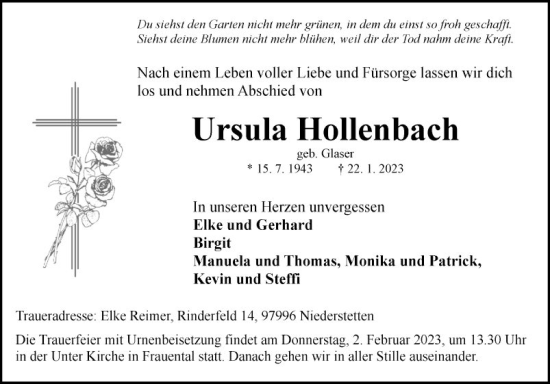 Traueranzeige von Ursula Hollenbach von Fränkische Nachrichten