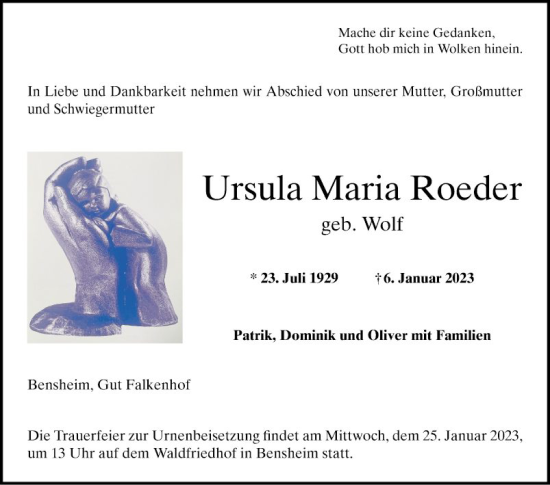 Traueranzeige von Ursula Maria Roeder von Bergsträßer Anzeiger