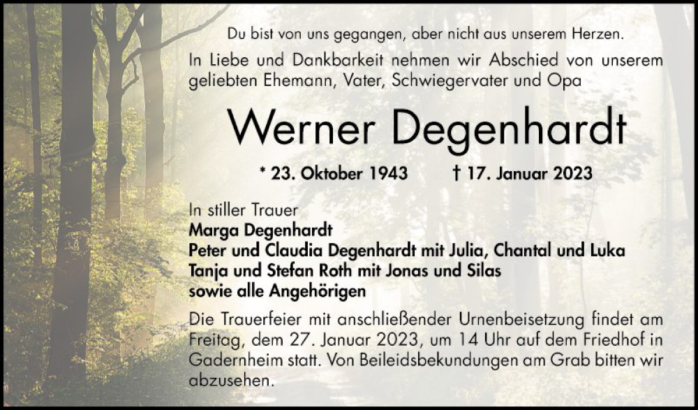  Traueranzeige für Werner Degenhardt vom 21.01.2023 aus Bergsträßer Anzeiger