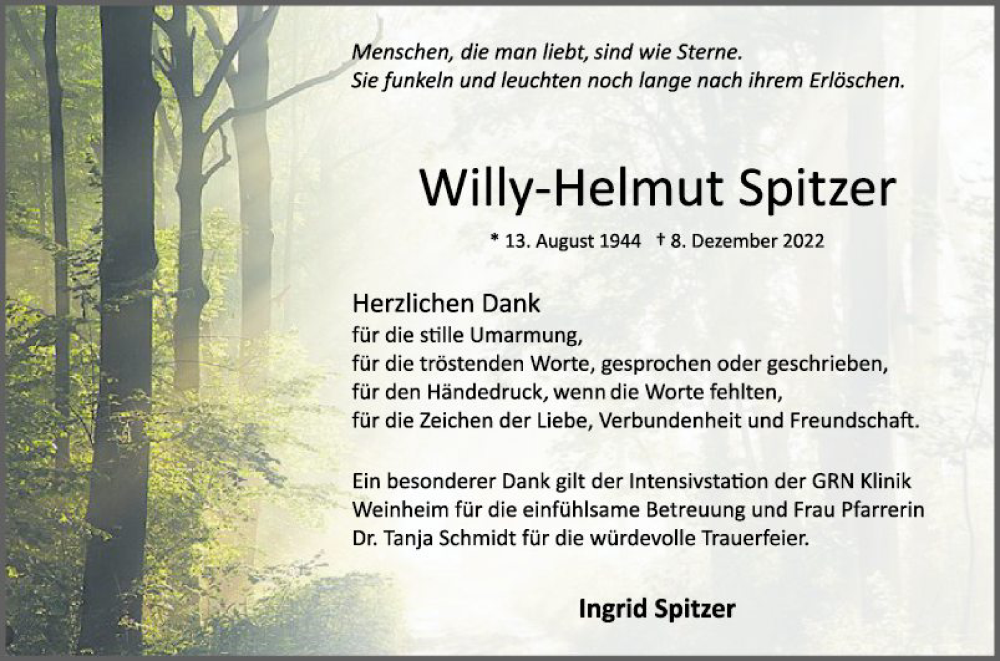  Traueranzeige für Willy-Helmut Spitzer vom 14.01.2023 aus Mannheimer Morgen