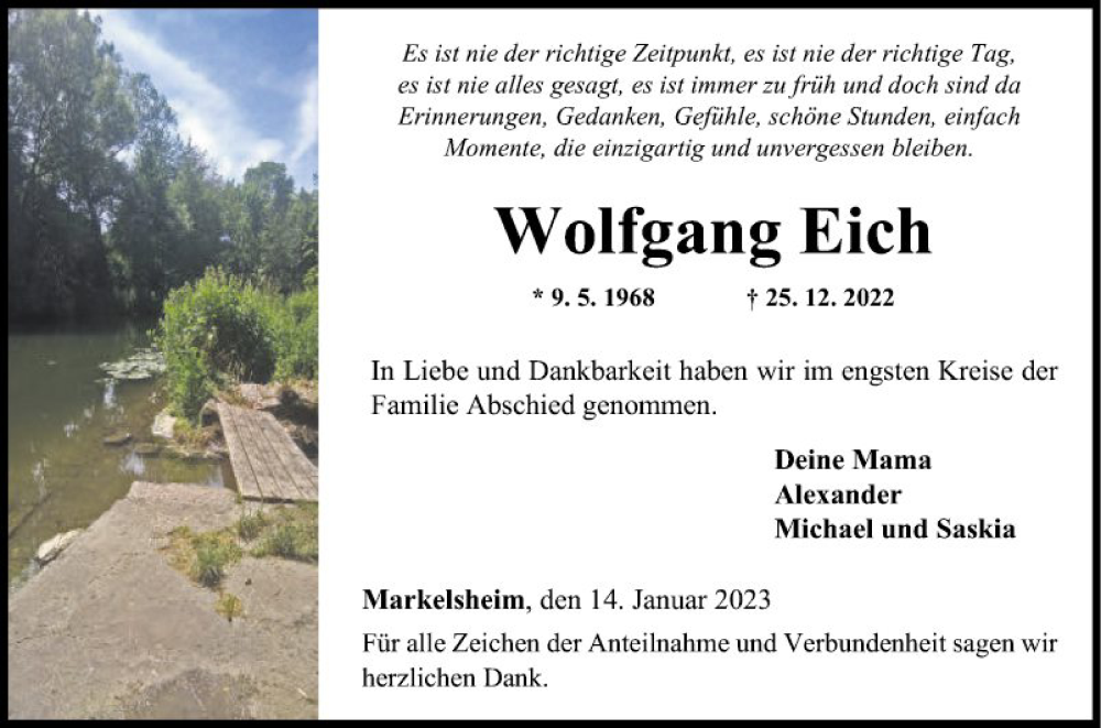  Traueranzeige für Wolfgang Eich vom 14.01.2023 aus Fränkische Nachrichten