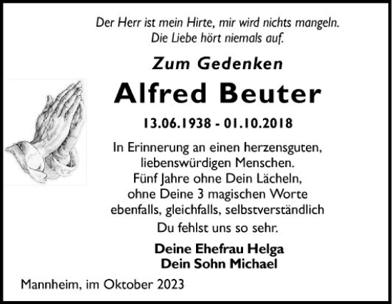 Traueranzeige von Alfred Beuter von Mannheimer Morgen