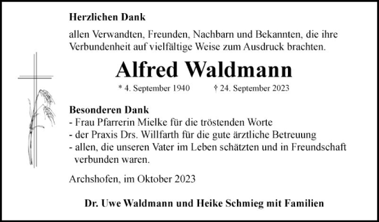 Traueranzeige von Alfred Waldmann von Fränkische Nachrichten