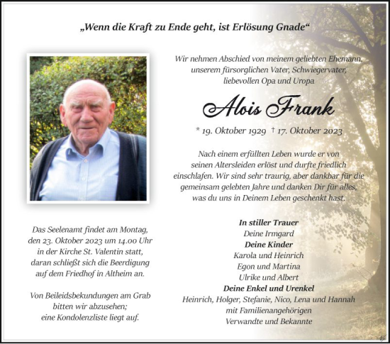 Traueranzeige von Alois Frank von Fränkische Nachrichten