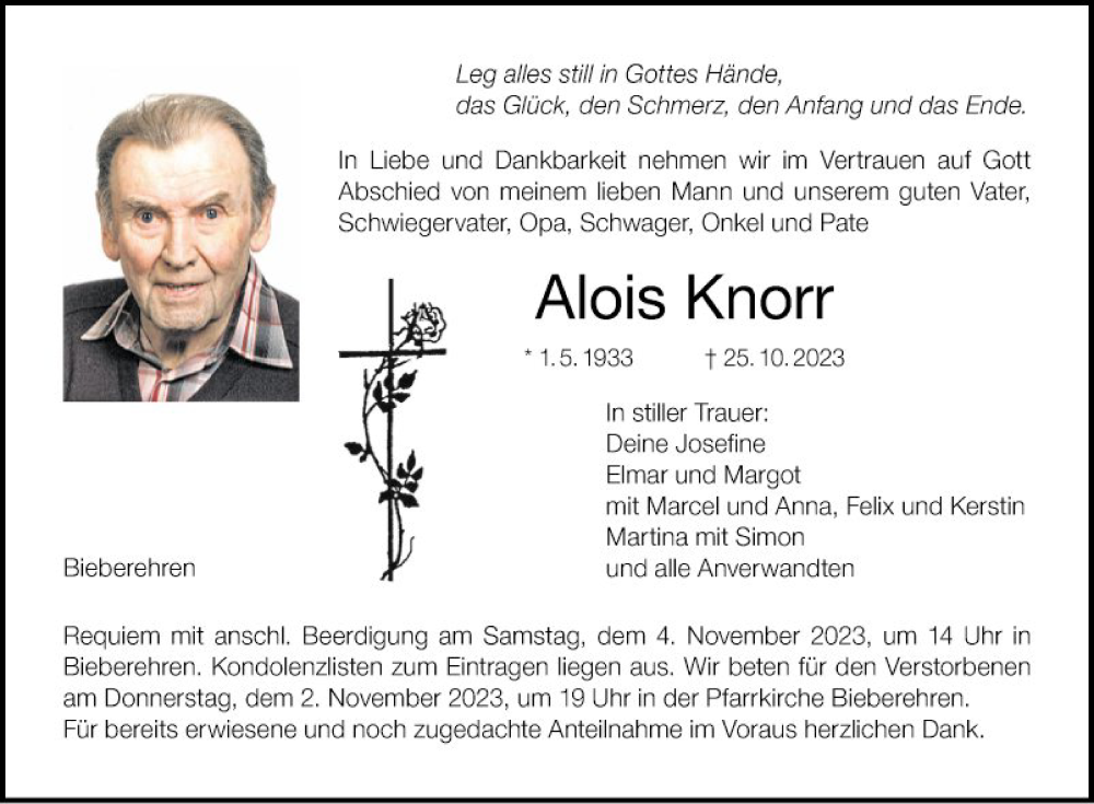  Traueranzeige für Alois Knorr vom 31.10.2023 aus Fränkische Nachrichten