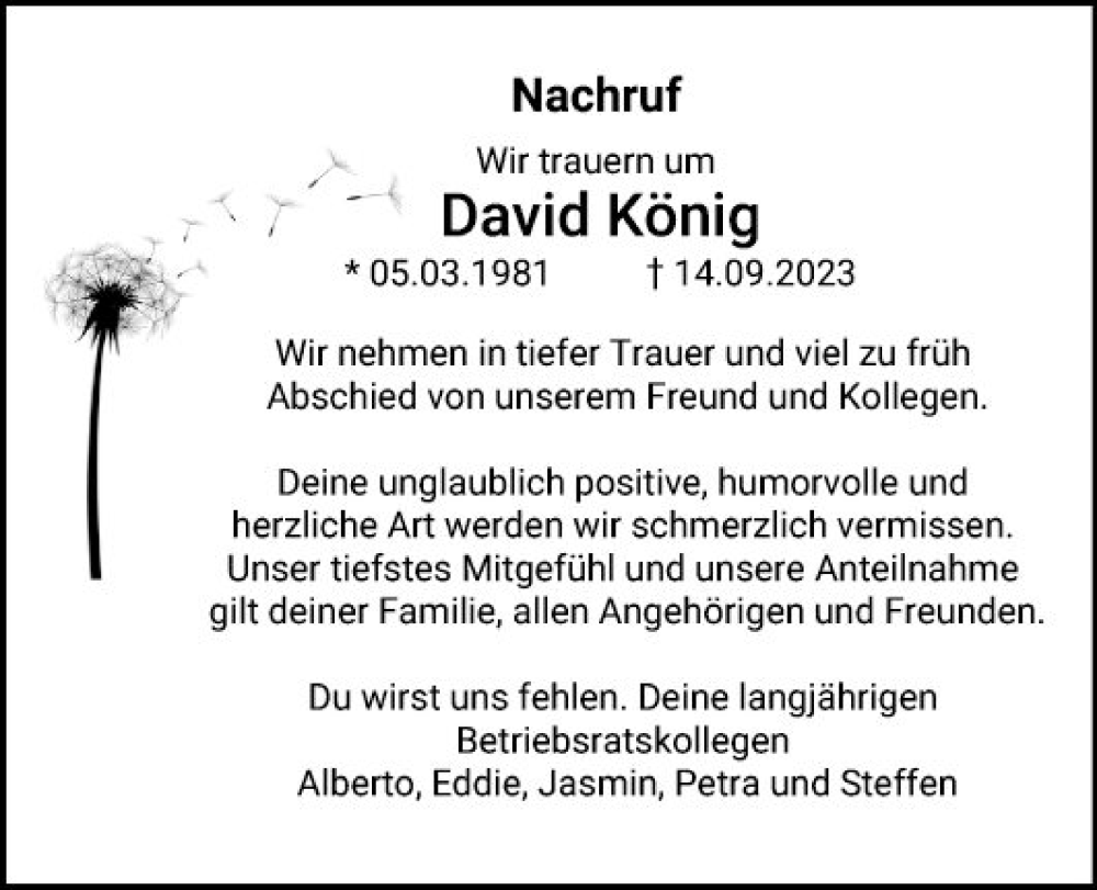  Traueranzeige für David König vom 13.10.2023 aus Fränkische Nachrichten