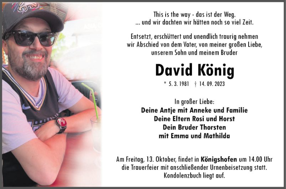  Traueranzeige für David König vom 06.10.2023 aus Fränkische Nachrichten