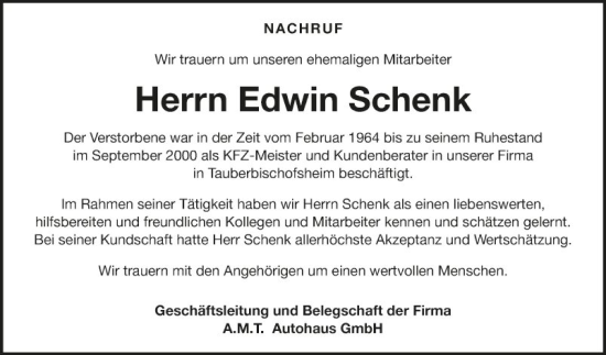 Traueranzeige von Edwin Schenk von Fränkische Nachrichten