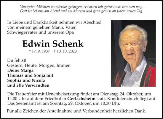 Traueranzeige von Edwin Schenk von Fränkische Nachrichten