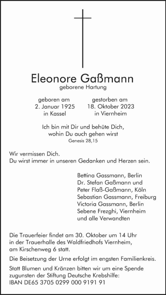 Traueranzeige von Eleonore Gaßmann von Mannheimer Morgen
