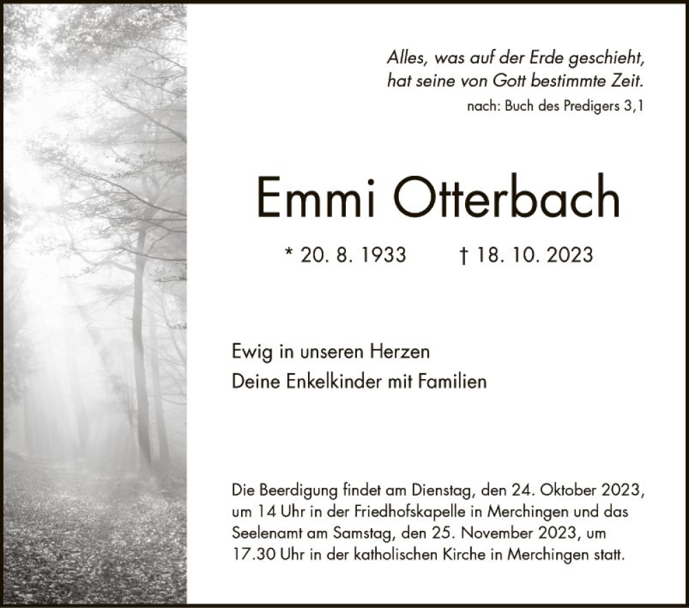 Traueranzeige für Emmi Otterbach vom 21.10.2023 aus Fränkische Nachrichten