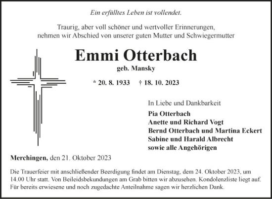 Traueranzeige von Emmi Otterbach von Fränkische Nachrichten