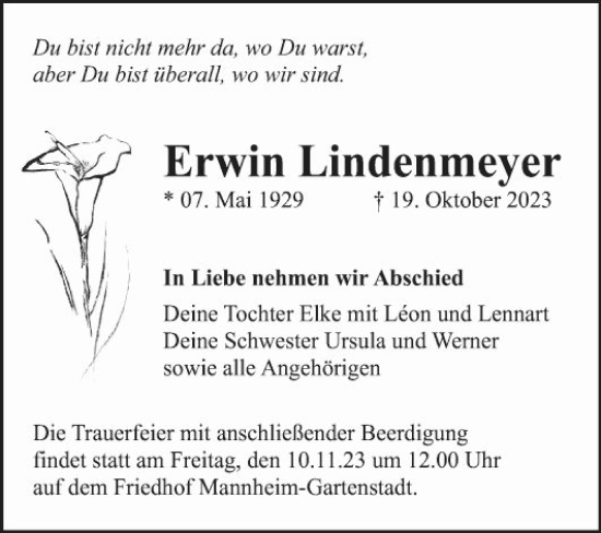 Traueranzeige von Erwin Lindenmeyer von Mannheimer Morgen