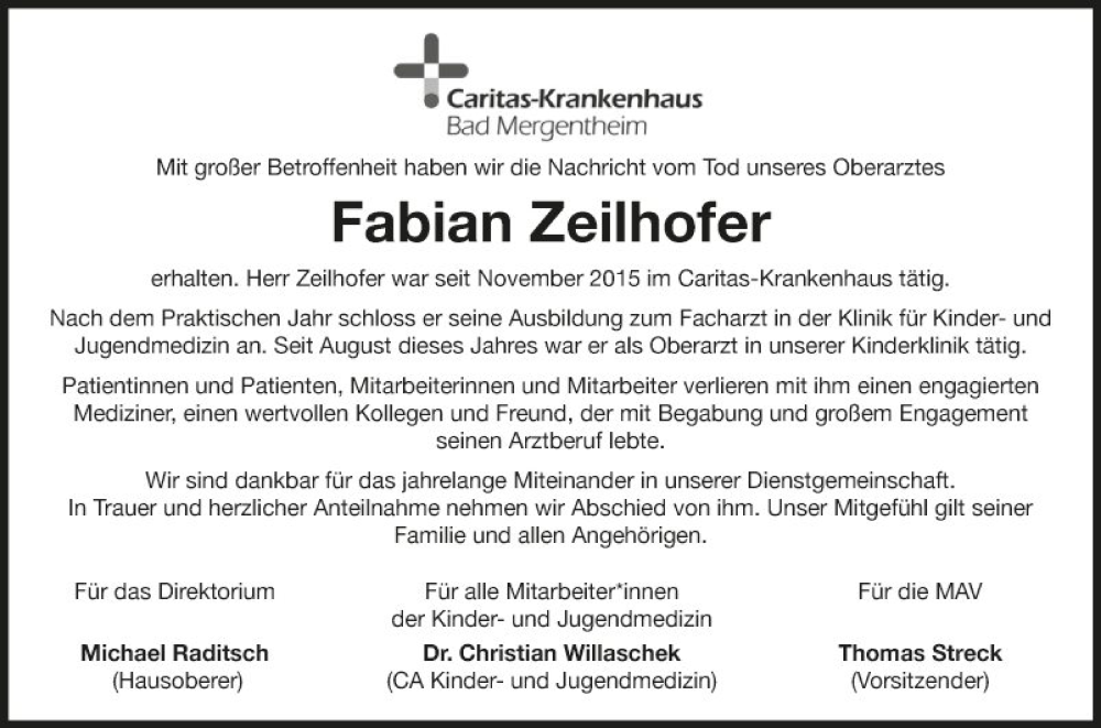  Traueranzeige für Fabian Zeilhofer vom 21.10.2023 aus Fränkische Nachrichten