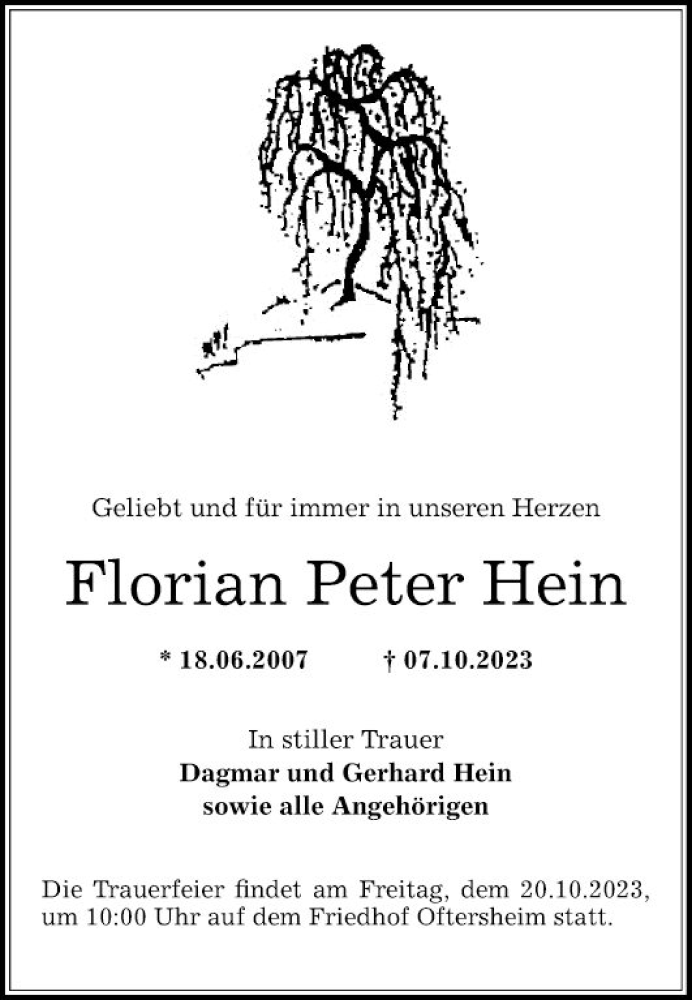  Traueranzeige für Florian Peter Hein vom 14.10.2023 aus Schwetzinger Zeitung