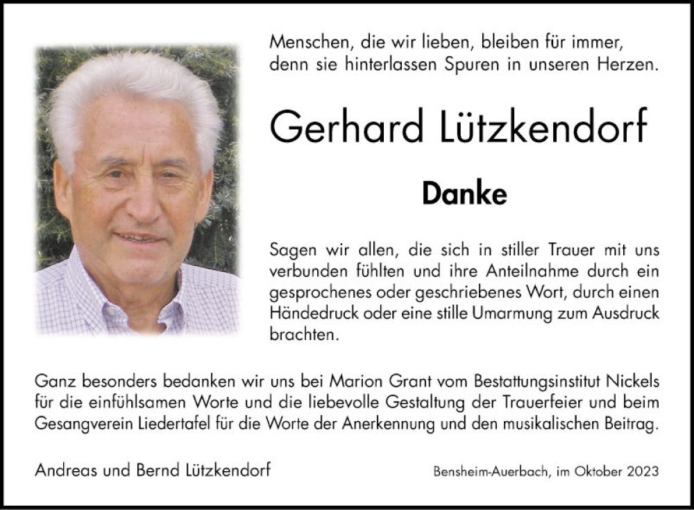  Traueranzeige für Gerhard Lützkendorf vom 21.10.2023 aus Bergsträßer Anzeiger