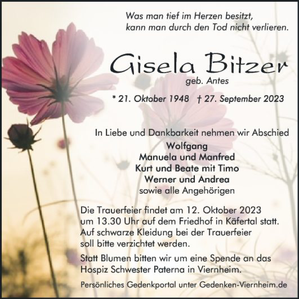  Traueranzeige für Gisela Bitzer vom 07.10.2023 aus Mannheimer Morgen
