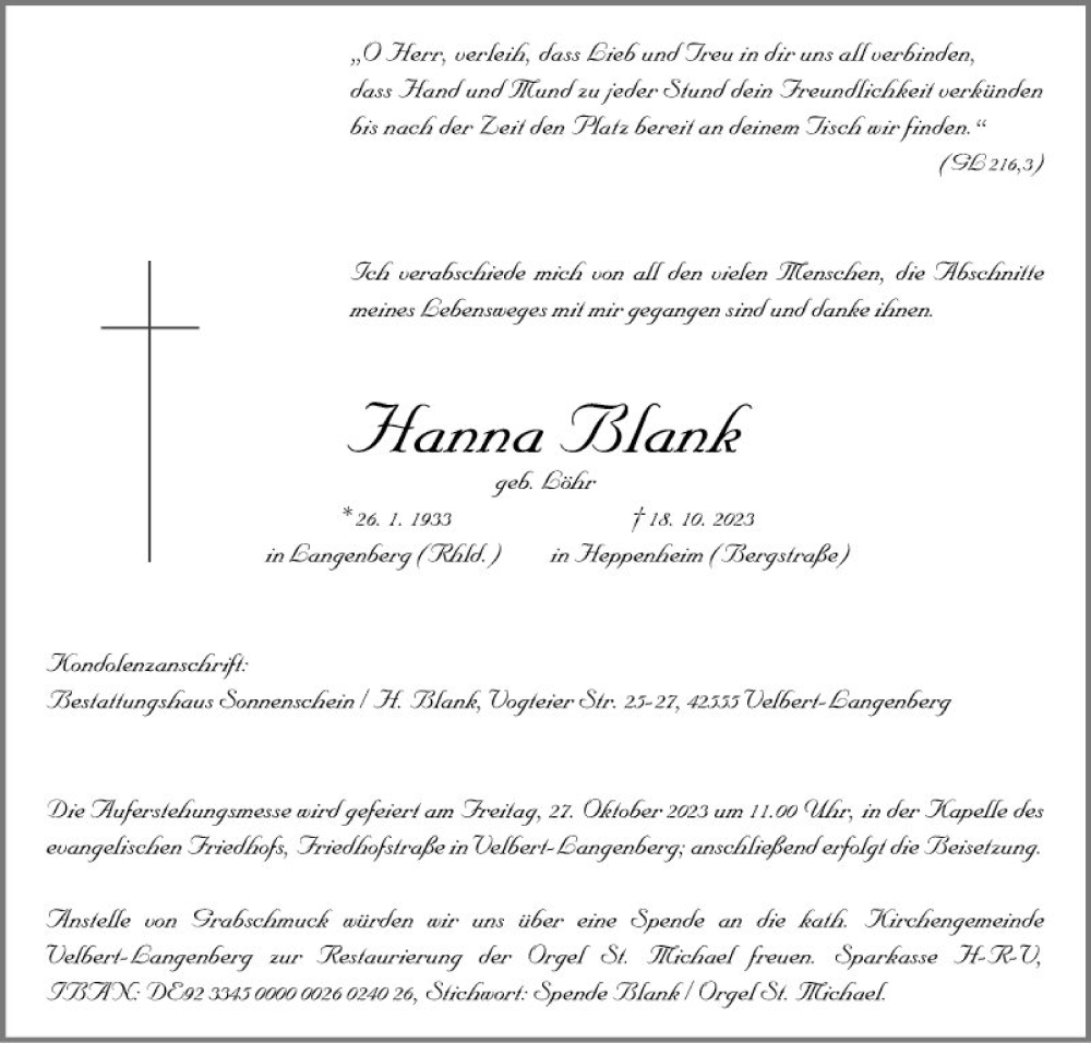  Traueranzeige für Hanna Blank vom 25.10.2023 aus Schwetzinger Zeitung