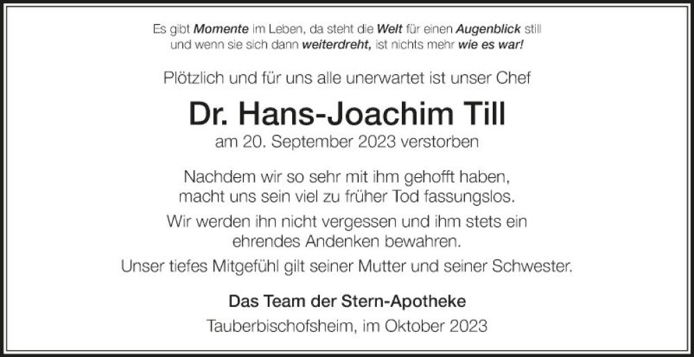  Traueranzeige für Hans-Joachim Till vom 21.10.2023 aus Fränkische Nachrichten