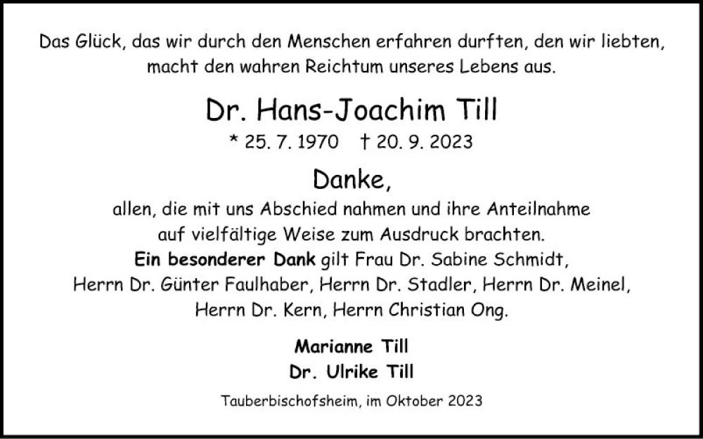  Traueranzeige für Hans-Joachim Till vom 21.10.2023 aus Fränkische Nachrichten