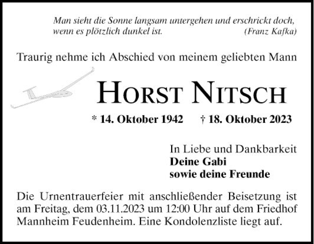  Traueranzeige für Horst Nitsch vom 28.10.2023 aus Mannheimer Morgen