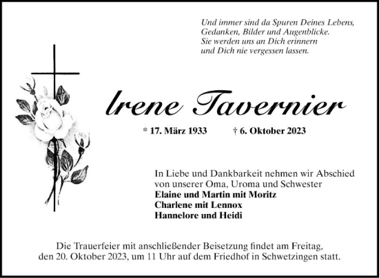 Traueranzeige von Irene Tavernier von Schwetzinger Zeitung