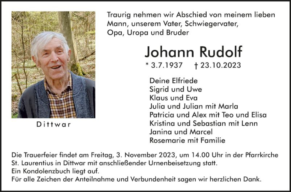  Traueranzeige für Johann Rudolf vom 28.10.2023 aus Fränkische Nachrichten