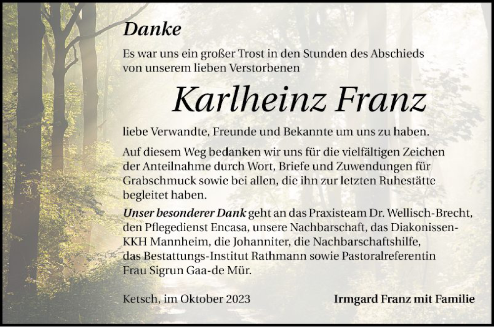  Traueranzeige für Karlheinz Franz vom 14.10.2023 aus Schwetzinger Zeitung