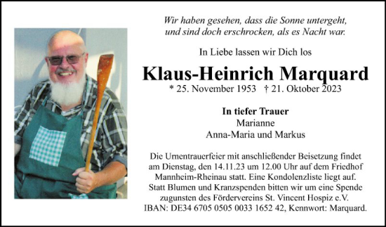 Traueranzeige von Klaus-Heinrich Marquard von Mannheimer Morgen