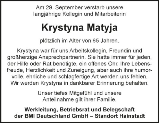 Traueranzeige von Krystyna Matyja von Fränkische Nachrichten