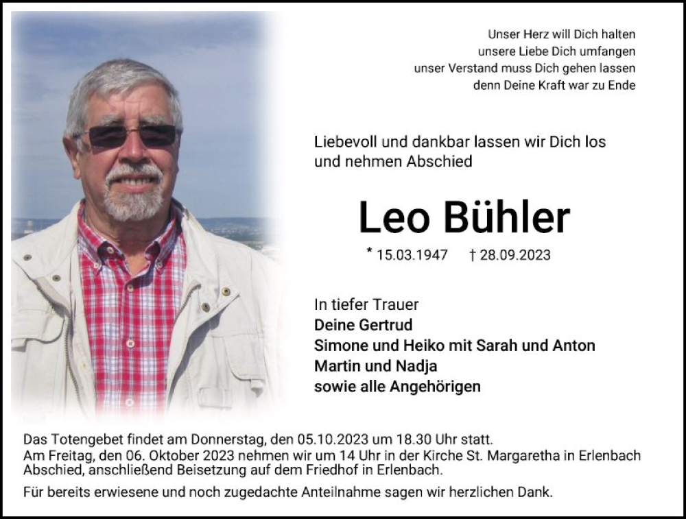  Traueranzeige für Leo Bühler vom 04.10.2023 aus Fränkische Nachrichten