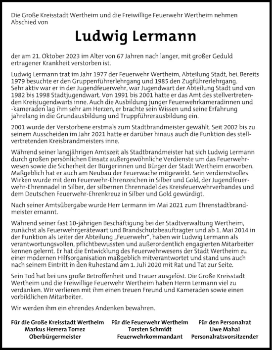 Traueranzeige von Ludwig Lenonann von Fränkische Nachrichten