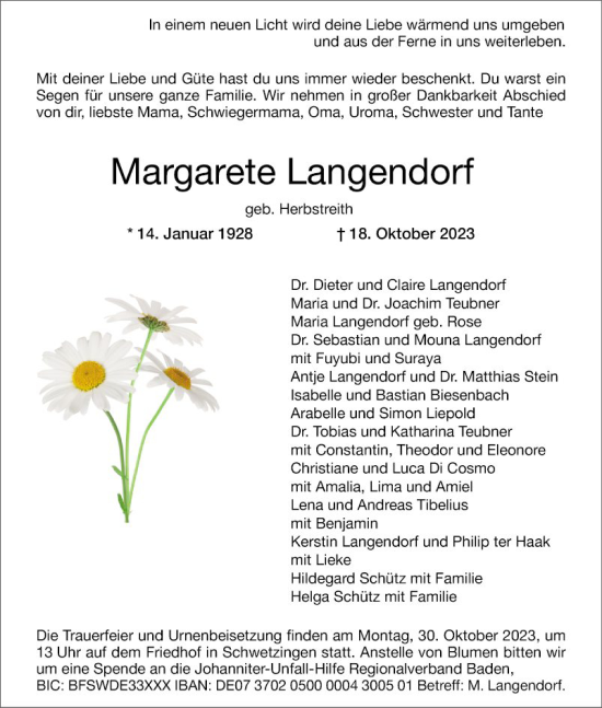 Traueranzeige von Margarete Langendorf von Schwetzinger Zeitung