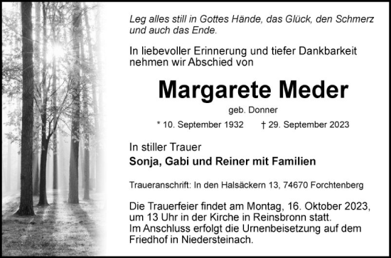 Traueranzeige von Margarete Meder von Fränkische Nachrichten