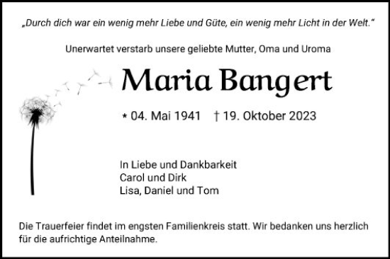 Traueranzeige von Maria Bangert von Mannheimer Morgen