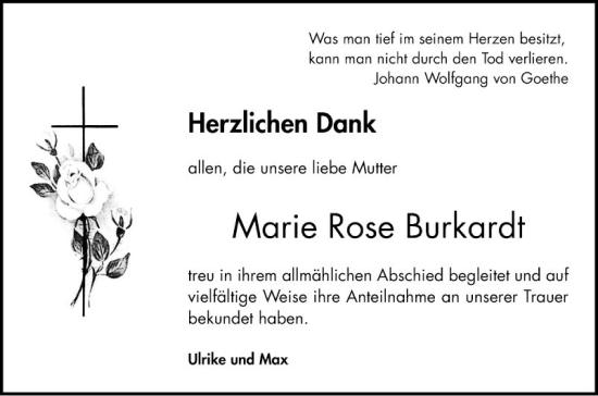 Traueranzeige von Marie Rose Burkardt von Bergsträßer Anzeiger