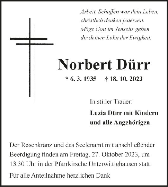 Traueranzeige von Norbert Dürr von Fränkische Nachrichten